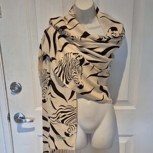 Luna-Date Cashmere & Silk 50/50 blend Zebra Print fringed scarf/wrap